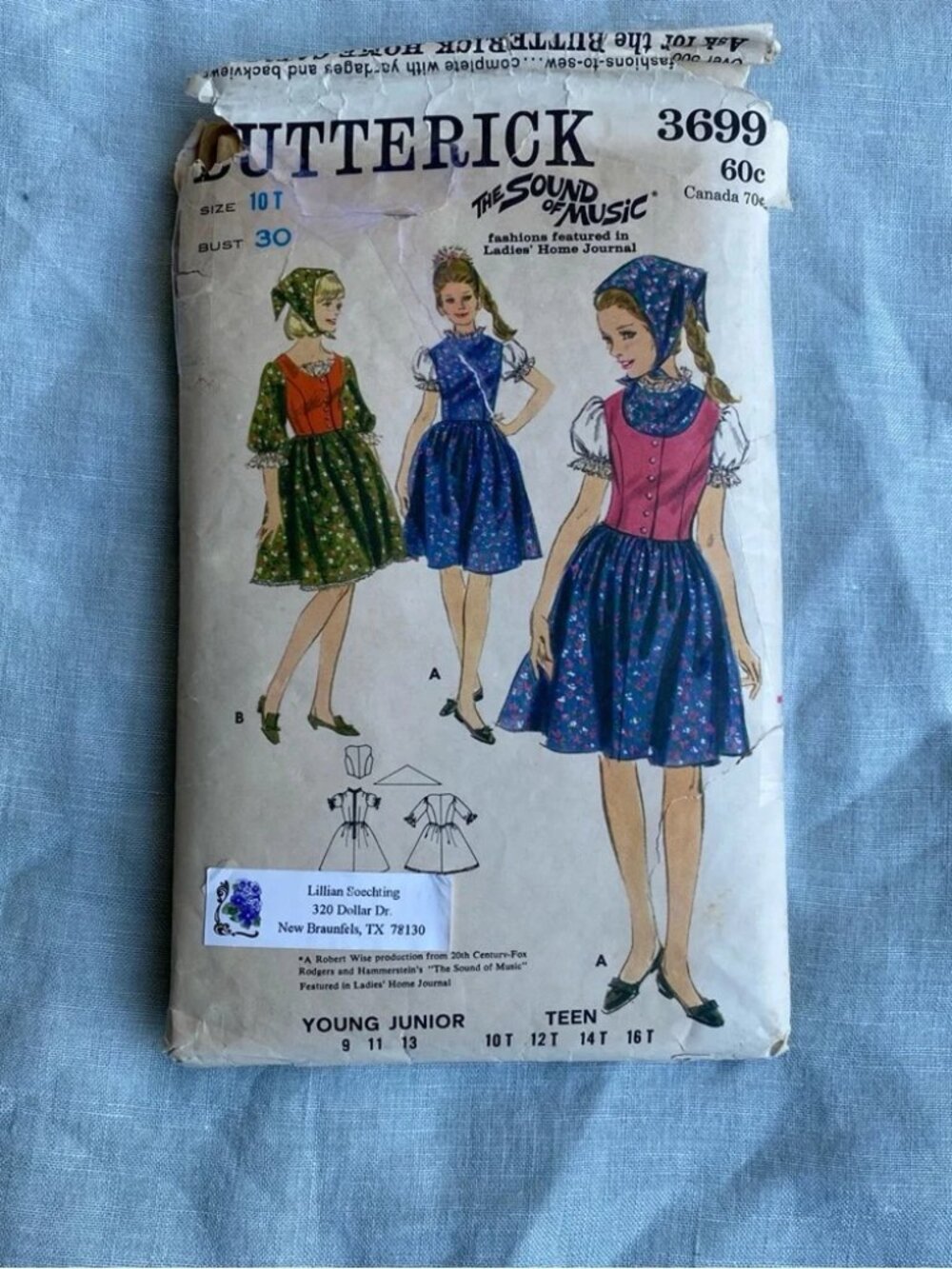 Butterick 3699 Teen 10 bust 30 Sound of Music 60s dirndl vintage sewing pattern